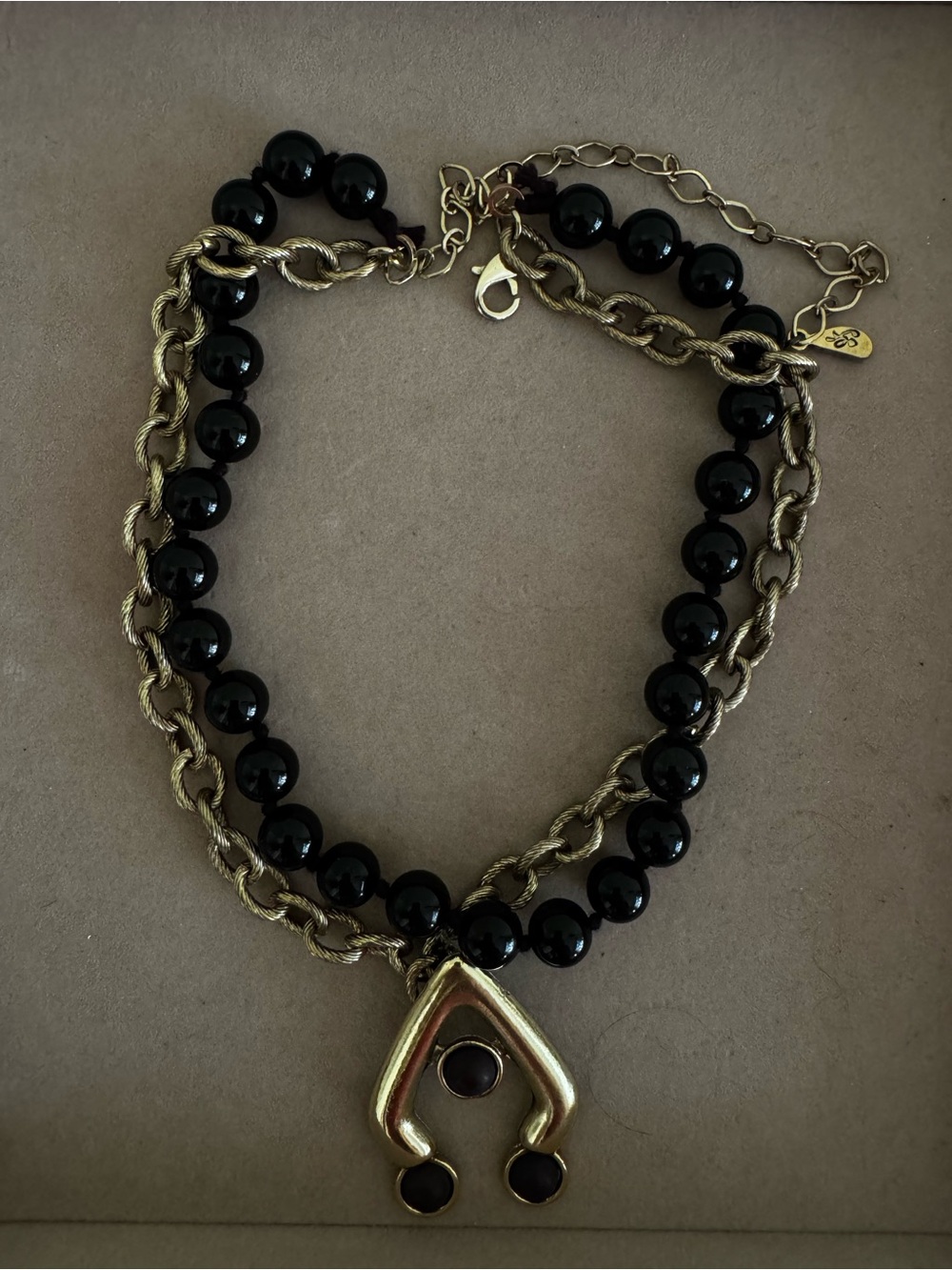 Black Beaded Gold Tone Chain Statement Necklace Sculptural Pendant